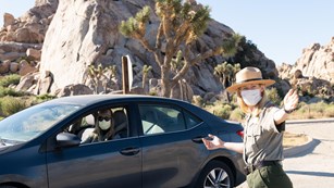 A ranger in a mask directing traffic and a driver in a mask