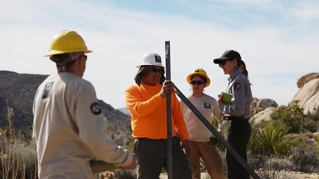 A group of volunteers and a ranger in the desert. 