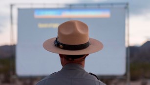 A ranger in a flat hat looking at a large projected video.