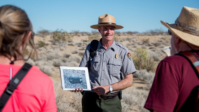 a ranger holds a photo of a desert tortoise while giving a talk to visitors