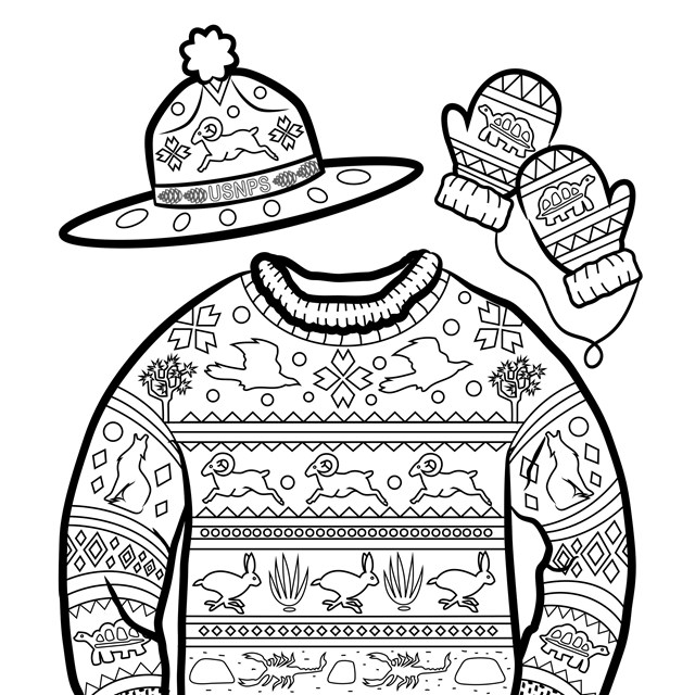 A coloring page with an ugly sweater designed with animals