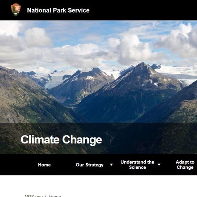 A screenshot of the webpage on climate change and your national parks with a picture of mountains