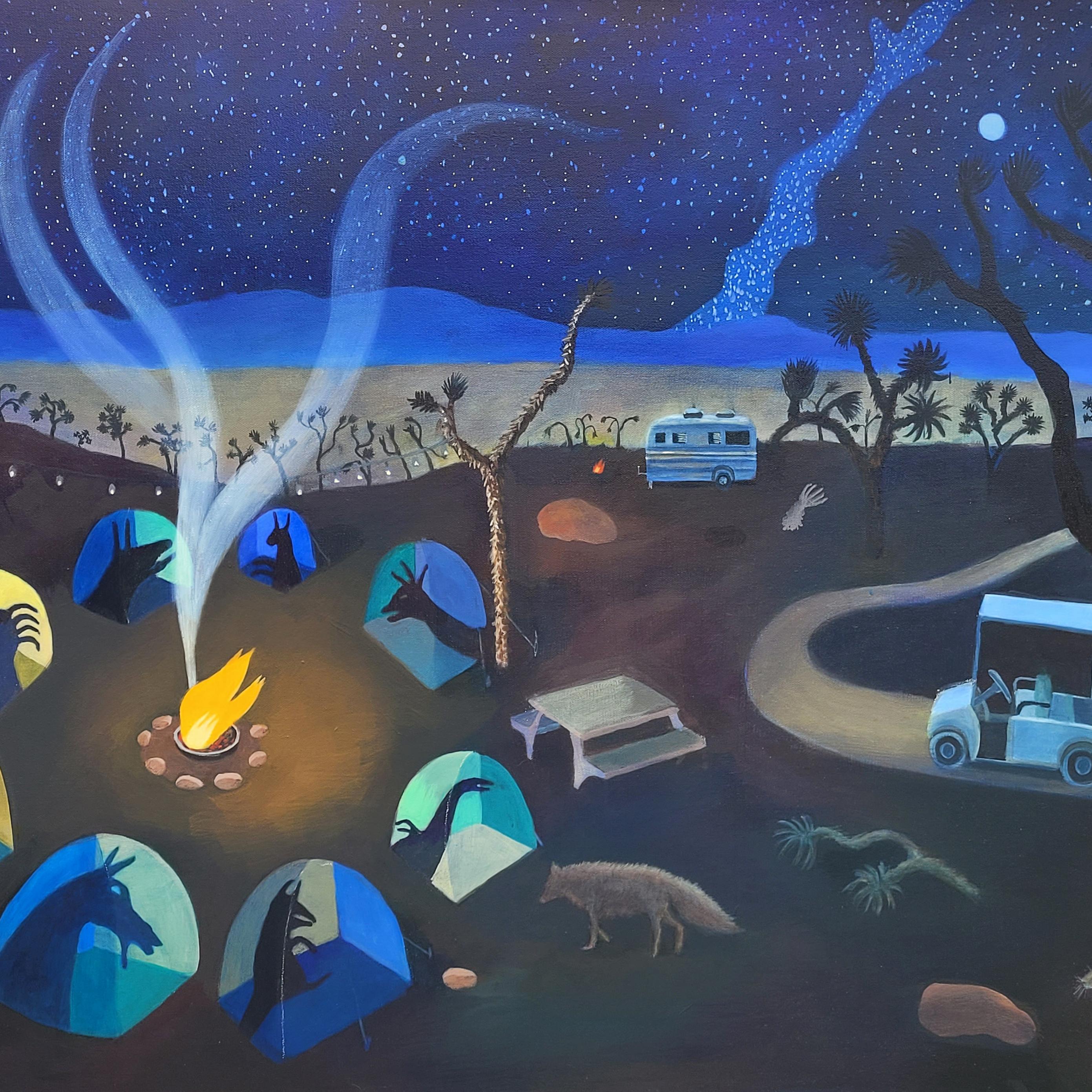A painting of a campfire surrounded by tents with desert animals in the shadows.