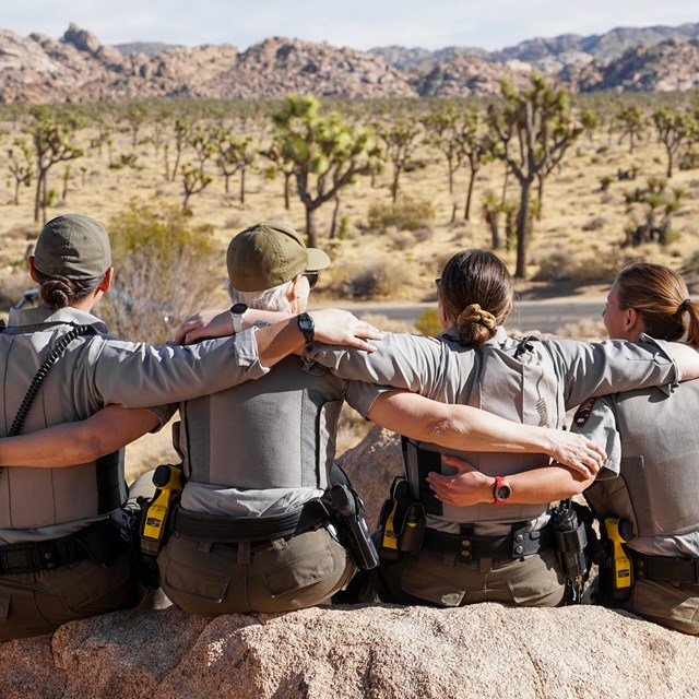 4 national park law enforcement rangers sit on a boulder with their arms around each other. 