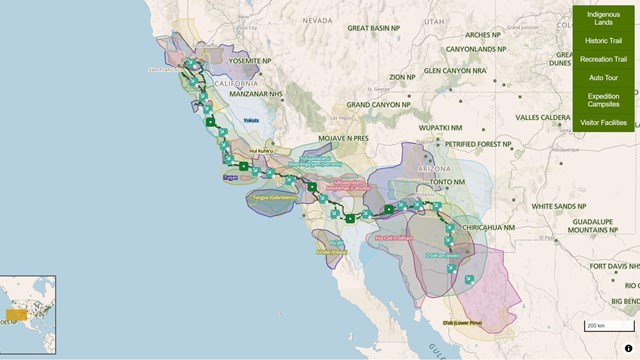 A screenshot of an interactive map of the Anza Trail from the San Francisco Bay Area through Arizona
