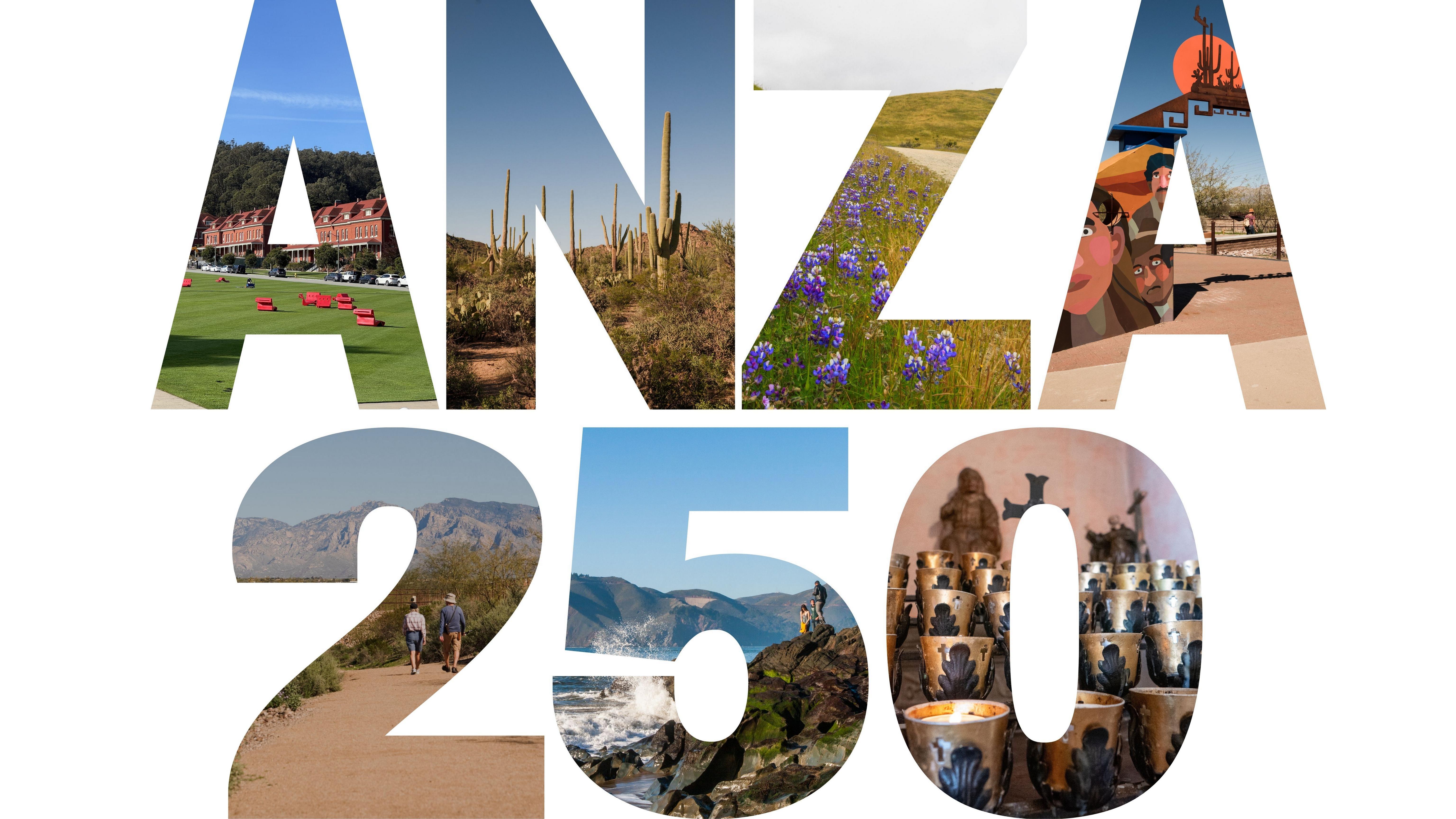 Photos cut into Anza 250 show red military buildings, saguaro, lupine, a mural, waves crashing