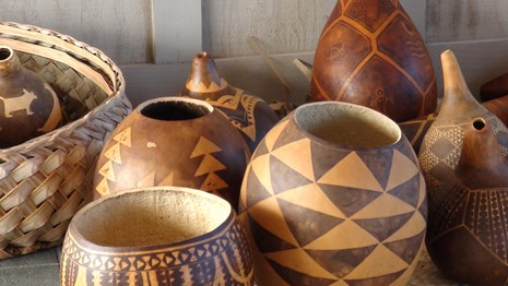 Colorful Hawaiian gourds (Ipu) used in old Hawai'i.