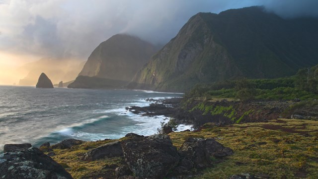 Storm clouds over pali, islands, and the ocean