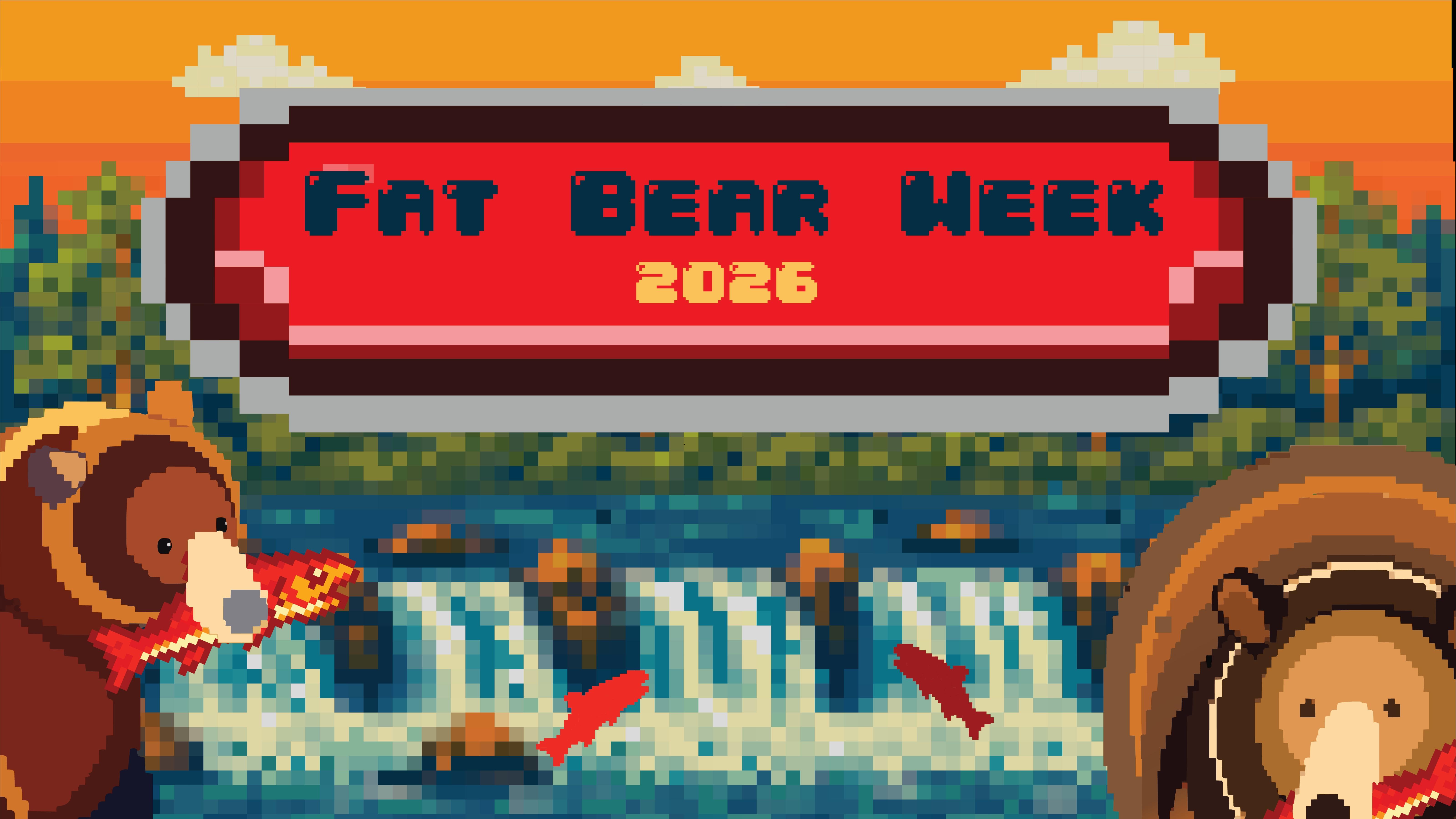 Pixelated bears by a waterfall eating salmon under a “Fat Bear Week 2026” banner.
