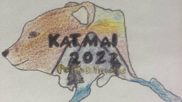 A colorful drawing of Alaska with the face of a bear and a silver pin of the same design