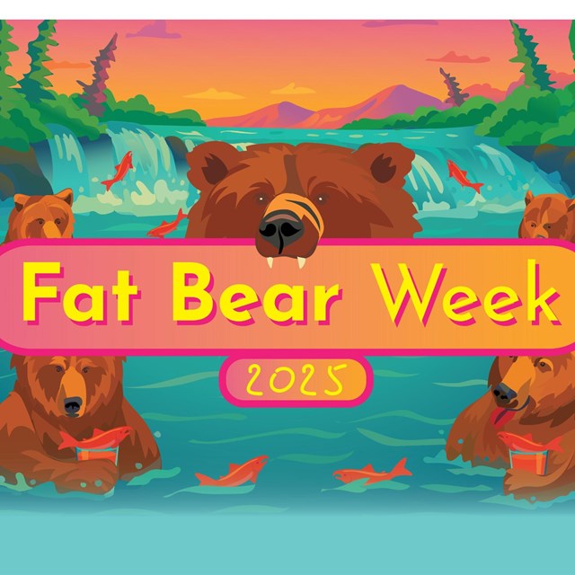 a colorful illustration of bears with salmon by a waterfall. Text reads: Fat Bear Week 2025.