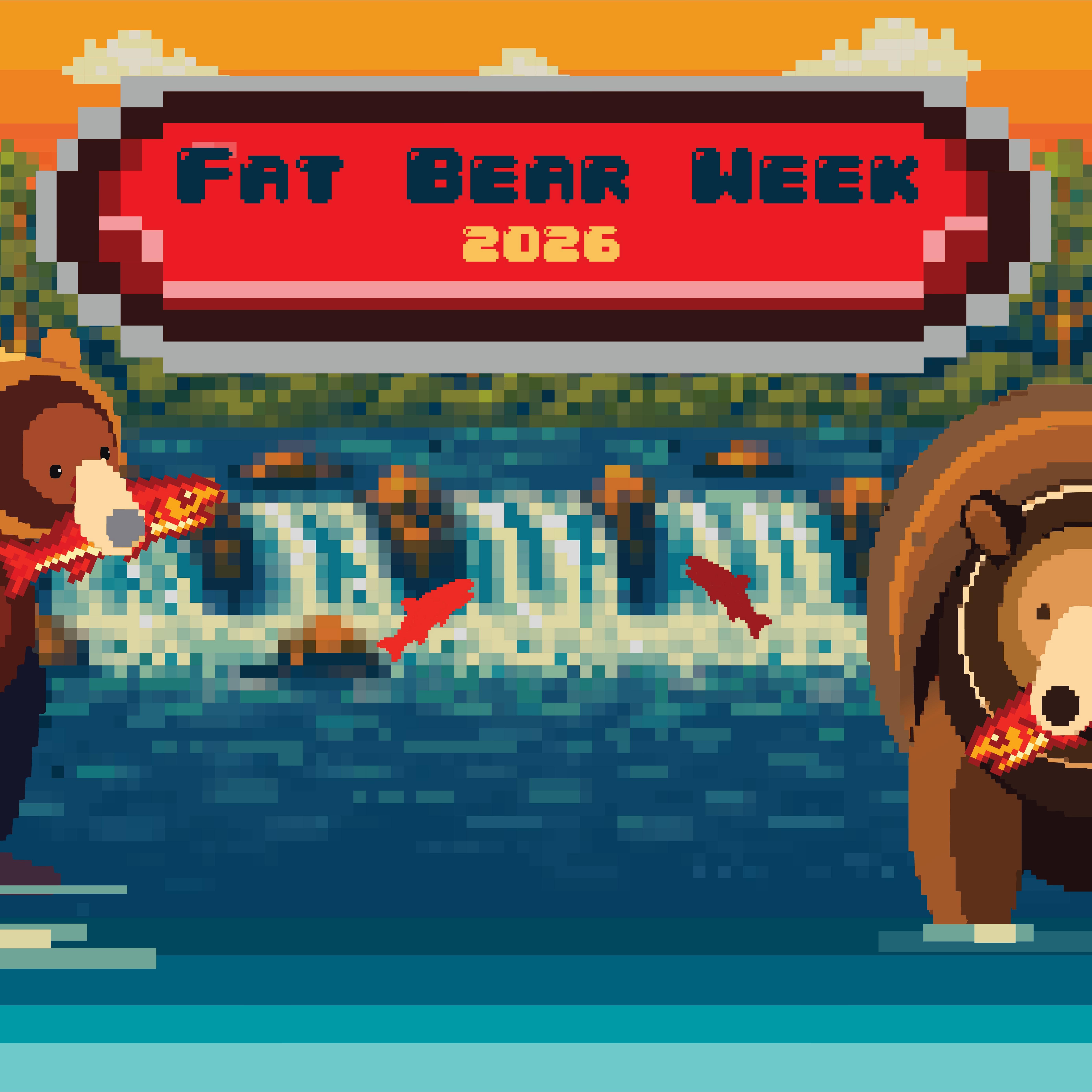 Pixelated bears by a waterfall eating salmon under a “Fat Bear Week 2026” banner.