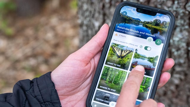 Image of a person using a cell phone to view the Katahdin Woods and Waters page on the NPS app.