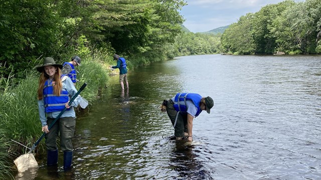 Researches standing along the bank of a river collecting data on a cloudy day.