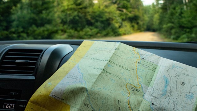 A visitor holds a map on the dashboard of a car with a green and brown background.