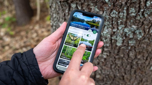 A visitor holds their hand out to a phone displaying the NPS app. They are pointing at a picture.