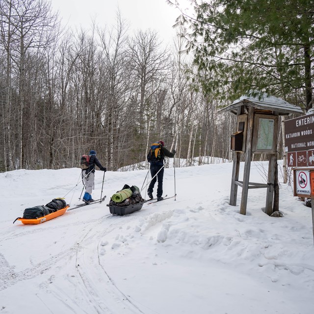 Two people ski and pull camping gear on sleds on snowy winter trails in a forest.