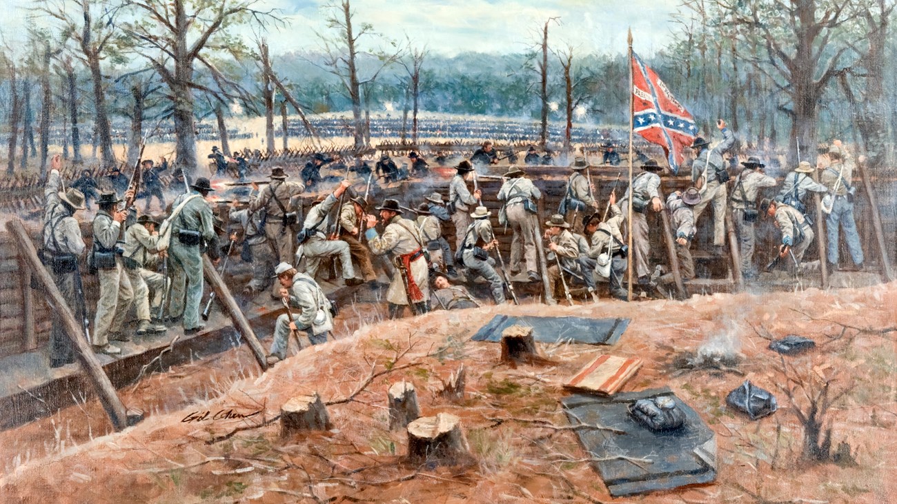 This painting shows a number of soldiers in an earthen trench defending against a frontal charge