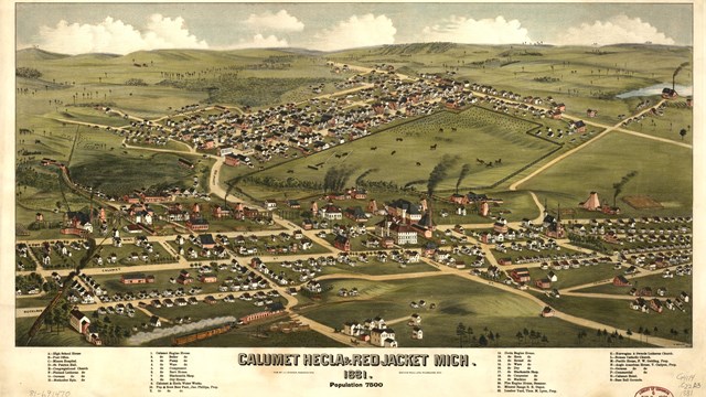 Illustrated 1881 map of Calumet & Hecla property and the Village of Red Jacket