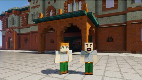Minecraft re-creation of a church with a park ranger in-game character floating for a view inside
