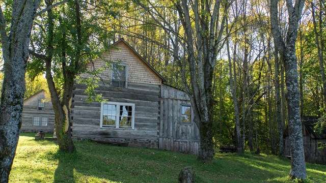 The exterior of a historic log cabin is surrounded by green grass and trees.