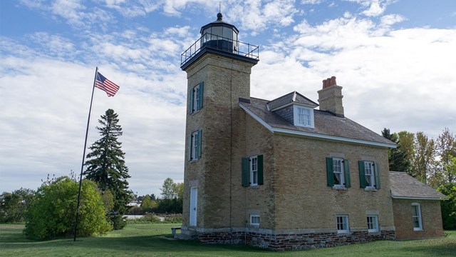 Ontonagon lighthouse with blue sky in background