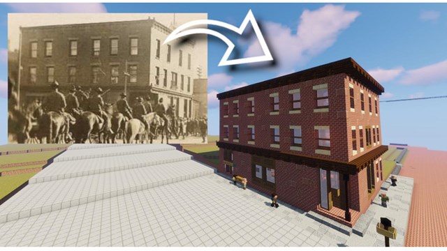 Composite image of historic photograph and Minecraft re-creation