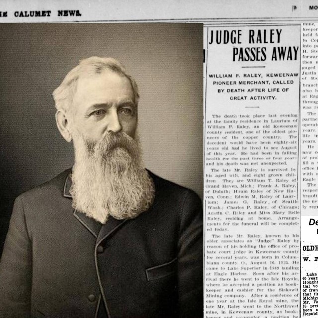 Black and white image of an older man, juxtaposed next to a newspaper article with his obituary.