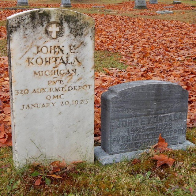 Two grave markers surrounded by orange leaves on the ground.