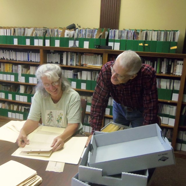 Two volunteers sort through archival materials inside of a library.