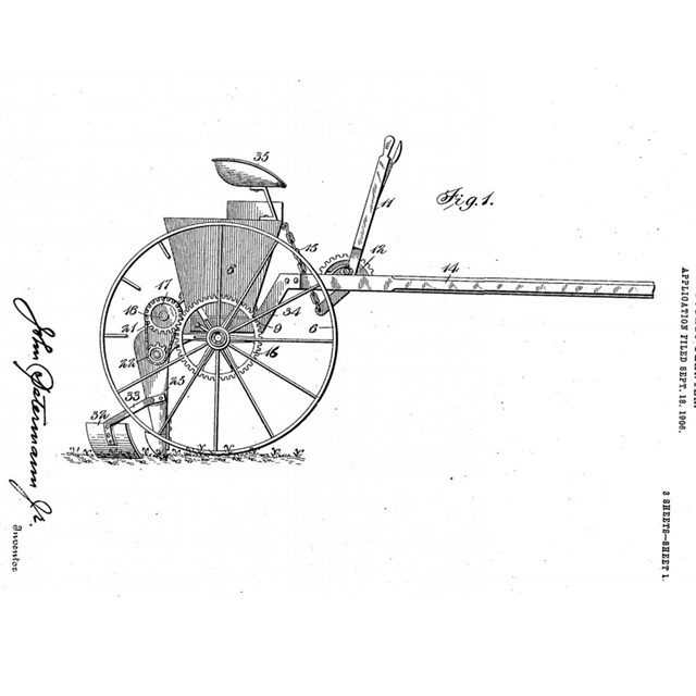 A blueprint drawing of a machine used to apply for a patent.