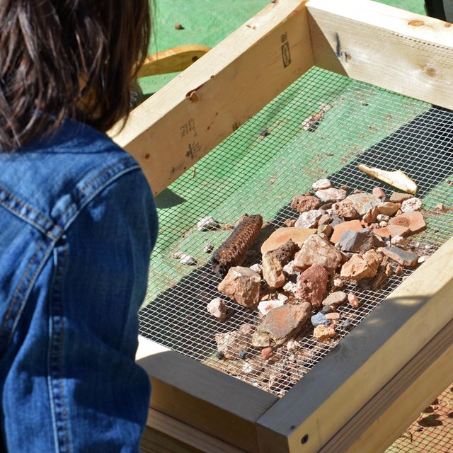 Girl sifts dirt searching for pottery sherds.