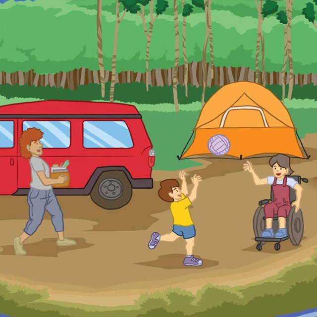 Illustration of a mom, dad, son, and daughter setting up a tent in camp by a lake.