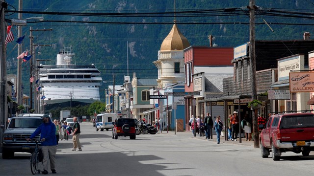 Busy street view with cruise ship at the end.