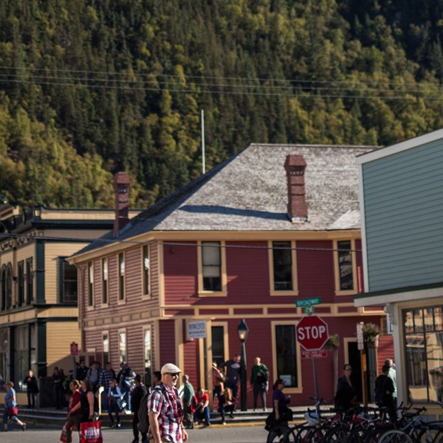 Red building along a busy street