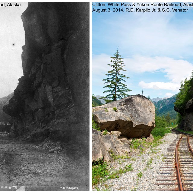 Composite image of historic and modern photos of the same scene