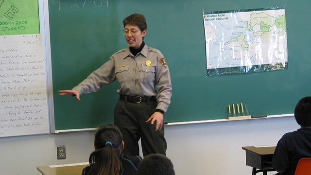 NPS Education Specialist at the front of the class