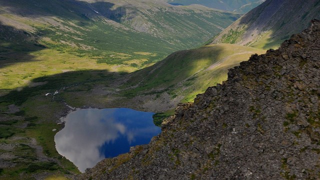 Aerial picture of a lake in the mountains in the Arctic