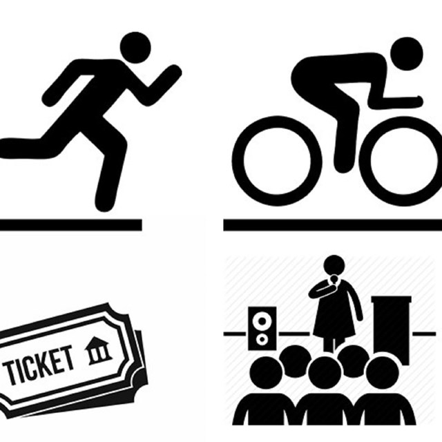 Clip art images of a runner, a cyclist, a ticket stub and an audience watching a speaker