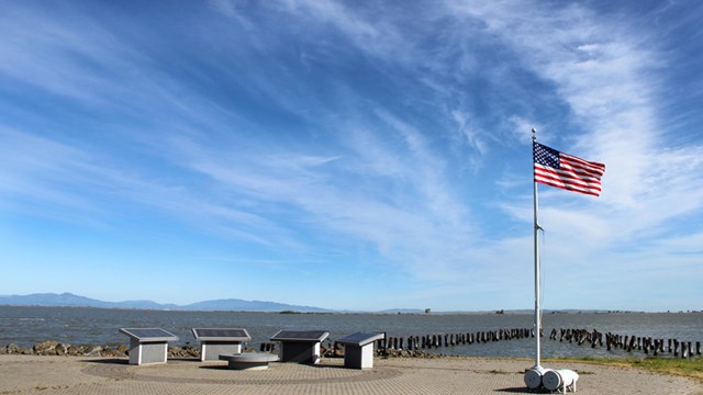 View of a memorial and American flag