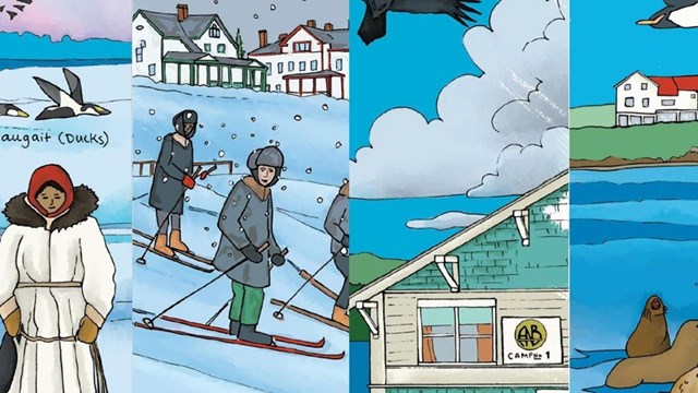 Illustration of four pages in the National Historic Landmarks of Alaska coloring book. 