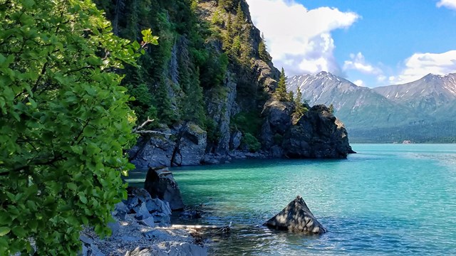 Image of a clear blue lake with a rocky shoreline and trees in the foreground.