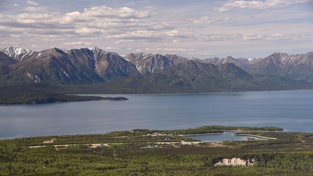 An aerial image of Port Alsworth on Lake Clark