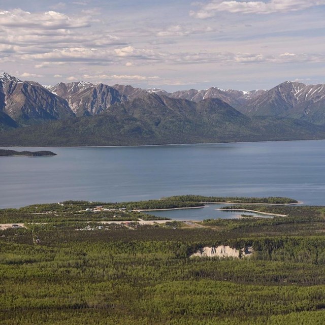 An aerial image of Port Alsworth on Lake Clark