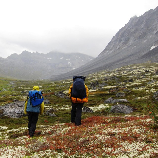 Two people with backpacks hike through mountainous tundra