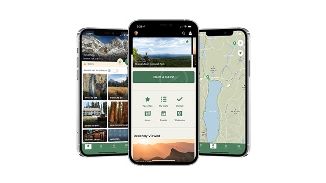 A set of mobile phones displaying graphics of the National Park Service app.