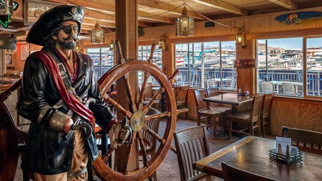View of interior of a pirate themed restaurant.