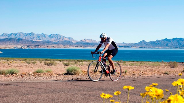 Person on a bike travelling near a lake.