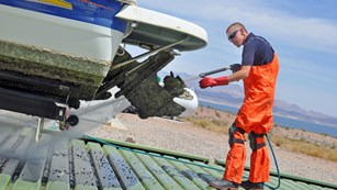 boat receives hot water wash to remove quagga mussels