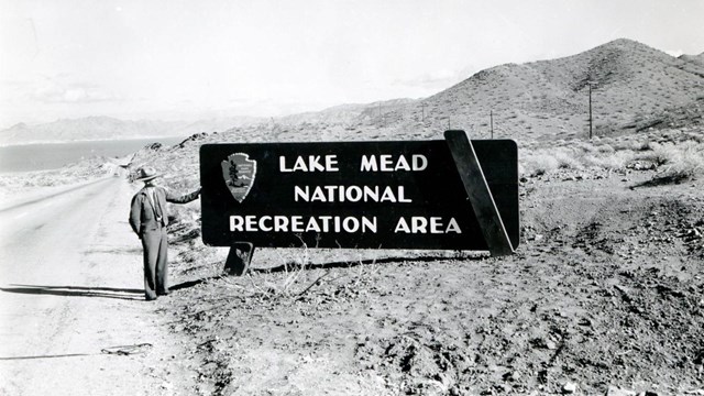 A historical photo of Lake Mead entrance sign